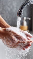 Fototapeta premium Hands being washed with soap under running water from a faucet, symbolizing hygiene, cleanliness, infection prevention, and proper handwashing for health and safety