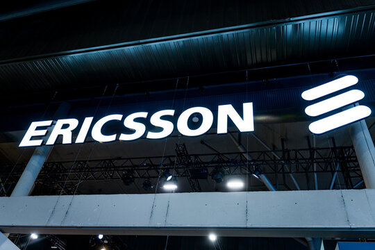 Barcelona, Spain - 02.03.2026: the Ericosson logo is seen at the Mobile World Congress or MWC, a trade show dedicated to telco and mobile technology