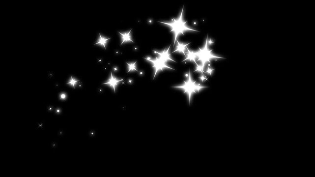 White glowing glitter stars sparkle animation, magic dust light trail black background, cartoon doodle sparkles, shining particle burst, seamless loop motion graphic cinematic twinkle effect. 4k video