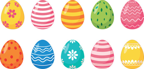 Fototapeta premium Colorful Easter egg collection with decorative patterns and stripes isolated on light background, festive spring holiday vector illustration for Easter celebration design