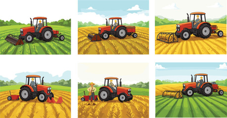 Obraz premium An old red tractor works the rural landscape, plowing the soil of a vast agricultural field under a clear blue sky to prepare the green land for the next harvest