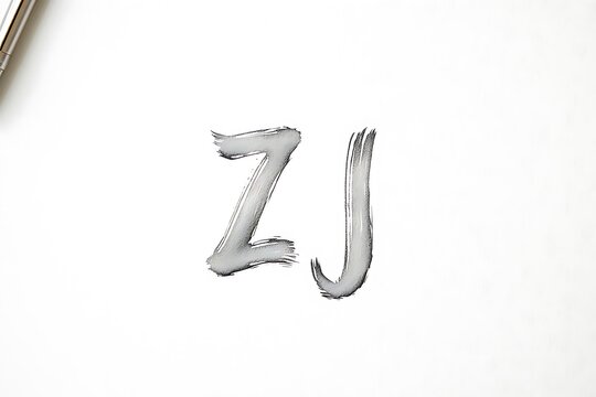Hand drawn minimalist lettering of zj initials in gray on white background with artistic texture
