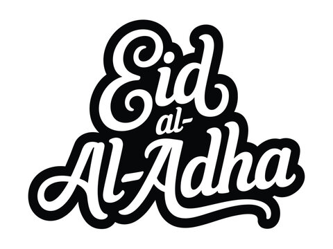 Stylized black and white script typography announces the Islamic holiday Eid al-Adha elegantly.