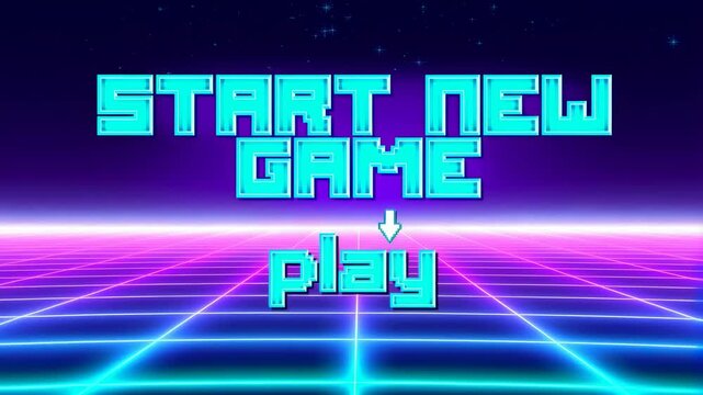 Retro neon video game interface with the phrase "Start New Game" and a play button. Engaging visual for gaming enthusiasts and developers