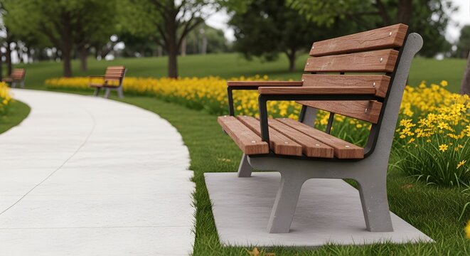 A wooden park bench on a sidewalk surrounded by vibrant yellow flowers and lush greenery in a serene outdoor setting with trees