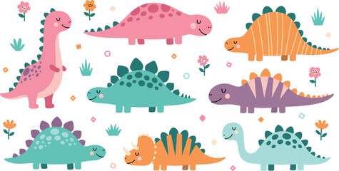 Cute dinosaur cartoon collection flat vector illustration with colorful prehistoric animals for kids nursery design © Nasrin