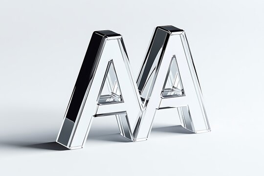Shiny mirrored monogram letters aa standing on white background with reflections