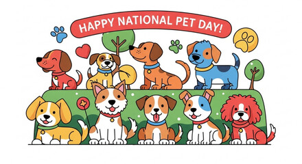 Obraz premium Colorful cartoon dogs celebrate happy national pet day with fun illustrations and green grass background