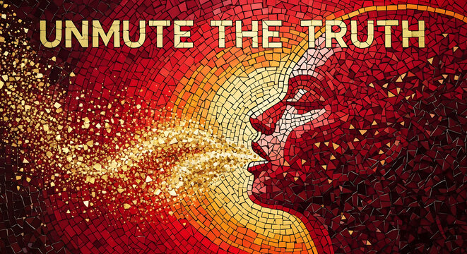 Human Profile with Muted Lips in Mosaic Art Style with Vibrant Red and Gold Colors in Abstract Texture for Social Media Campaign