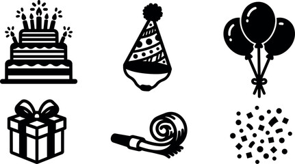 Fototapeta premium Flat icon party set with layered birthday cake party hat balloons gift blower and confetti isolated on white background playful