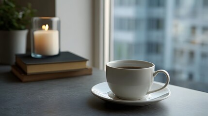 Fototapeta premium A white cup of coffee sits on a saucer next to a stack of books and a lit candle by a window overlooking a blurred city skyline