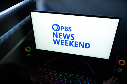 Punta Arenas, Chile &ndash; March 07, 2026: Blue PBS News Weekend corporate logo and wordmark displayed on a bright computer monitor screen