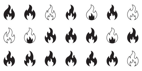 Variety of fire flame icons in solid fill and outline styles for representing heat and energy © MD
