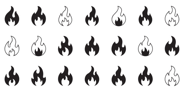 Variety of fire flame icons in solid fill and outline styles for representing heat and energy