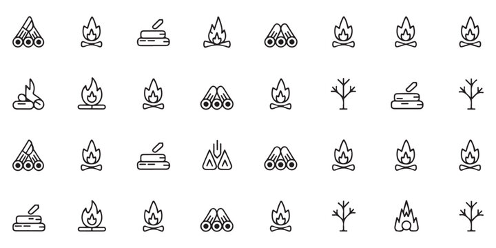 Set of campfire and wood pile icons with simple campfire and dried trees for outdoor activities