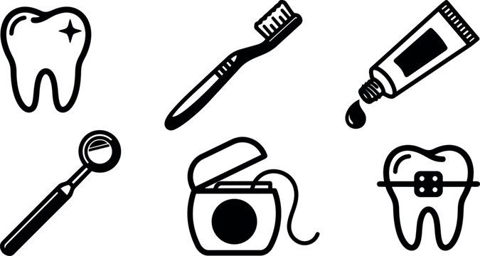 Line art dental icon set toothbrush toothpaste floss mirror tooth with braces and sparkling tooth black vector icons minimal isolated