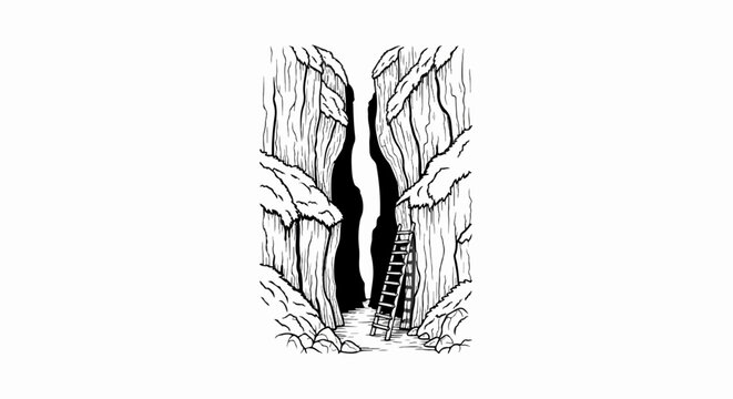 A rugged canyon opening reveals a dark passage with a ladder