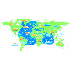 Global Logistics Network World Map Illustration with Cargo Trucks and Ships. Worldwide Shipping, Supply Chain, and Freight Transportation Concept.