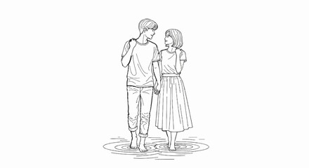 Obraz premium Couple standing barefoot holding hands in shallow water