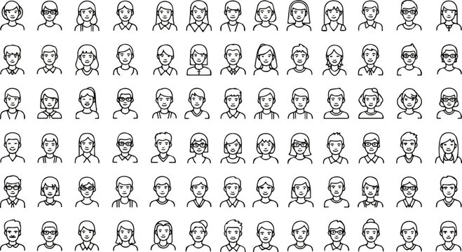 Collection of simple line drawings of diverse people's headshots and upper bodies