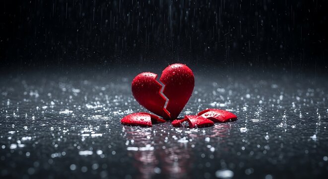 Broken Red Heart on Wet Dark Background with Rain