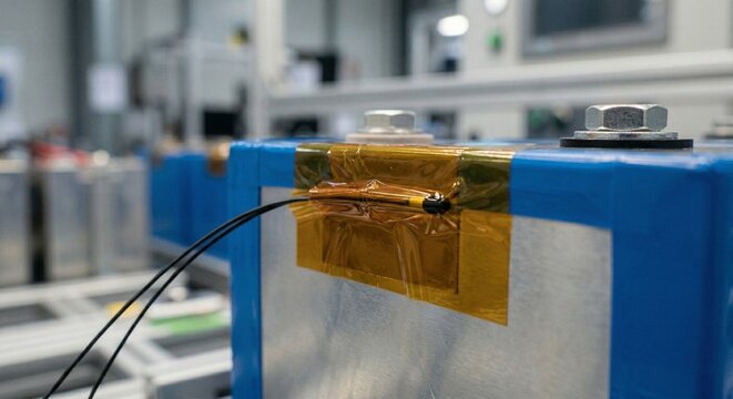 Temperature sensor probe attached to lithium battery cell with amber Kapton tape for thermal monitoring