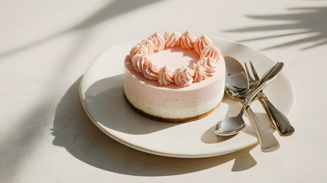 Pink cake with cream on plate