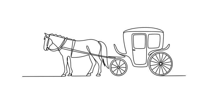 A continuous line art illustration showing a single horse harnessed to a vintage carriage Vector, illustration