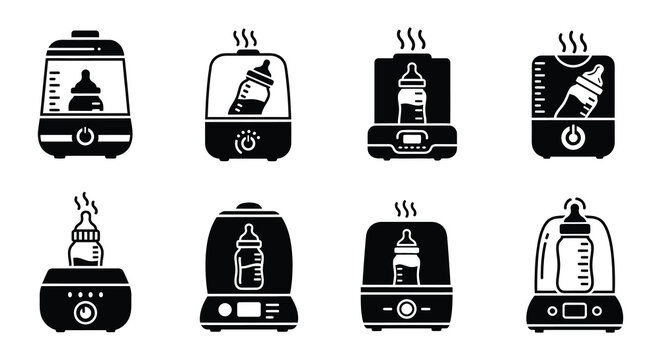 Black and white icons depicting baby bottle warmers and related accessories