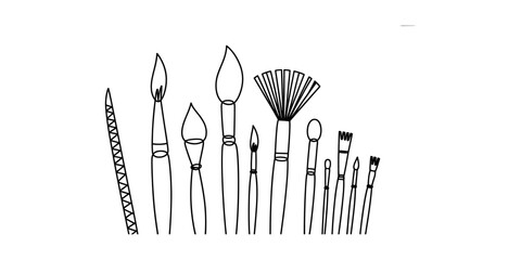 Fototapeta premium A collection of art brushes in a simple black and white line drawing illustration Vector, illustration