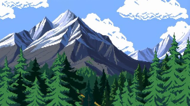 Pixelated mountain landscape with lush green forests and bright blue skies. A serene representation of nature's beauty and tranquility