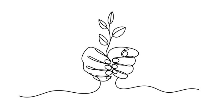 Continuous line art drawing of two hands gently holding a small plant with leaves, representing new life and environmental care. Vector, illustration