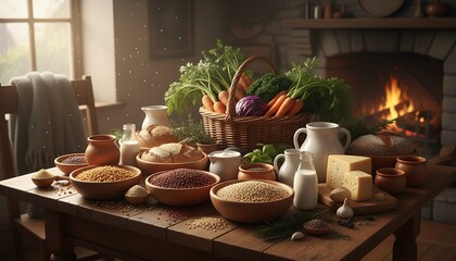 Fototapeta premium Rustic Farmhouse Kitchen Bread and Produce on Wooden Table by Fire