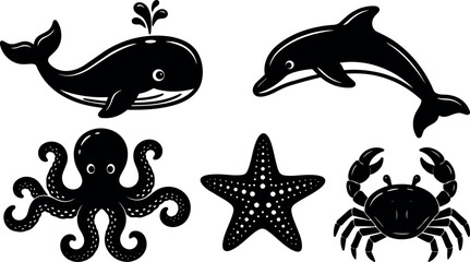 Flat design marine animal icon set whale blowing water dolphin jumping octopus starfish crab isolated bold vector art silhouette playful