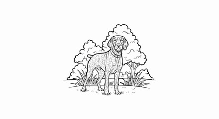 Fototapeta premium Line drawing of a German Shorthaired Pointer dog standing in a field with trees