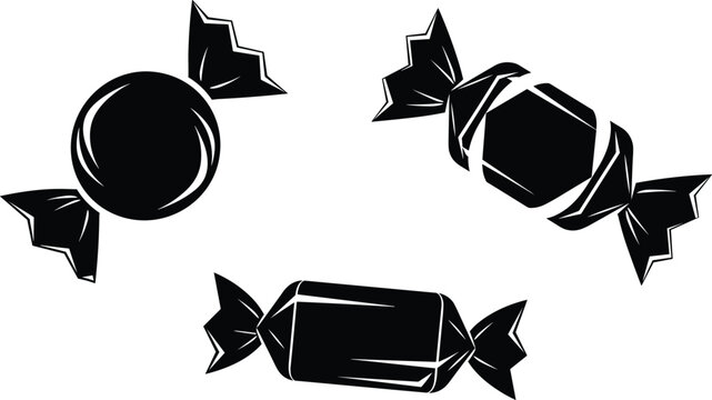 Black and white vector illustration of assorted wrapped candies with round, hexagonal, and rectangular shapes for confectionery design elements