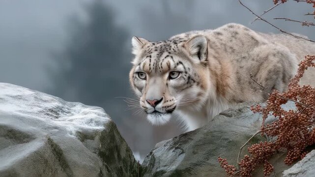 A snow leopard peers from behind a rock. Misty landscape with berry laden branches in the foreground