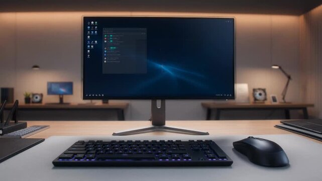 Modern Computer Setup with Monitor Keyboard and Mouse on Desk.