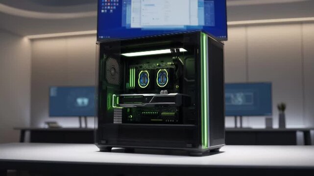 High-Performance Gaming PC with RGB Lighting and Multiple Monitors.