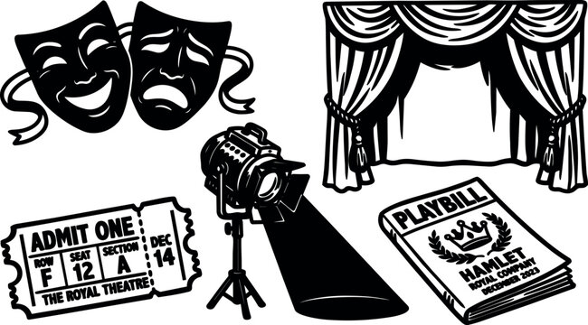 Line art overhead spotlight and theatre masks playbill ticket and stage curtain composition for drama production close up black white