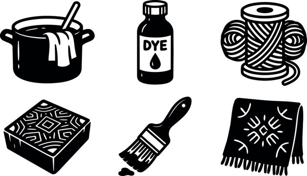 Line art craft icons showing dye pot yarn spool block print brush and patterned scarf close up flat vector illustration
