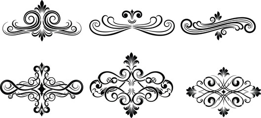 Black silhouette collection of ornate decorative motifs, vintage floral vector icons for invitations, certificates, graphic design, and elegant artwork © Kajal
