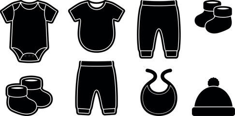 Naklejka premium Flat design top view baby clothing icon set showing bodysuit bib pants booties socks and pompom hat simple bold monochrome