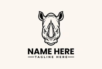 A black and white illustration of a rhinoceros head with a placeholder name and tagline on a plain background, featuring a vector logo design with an icon and pictogram elements. © vectorvovdesign