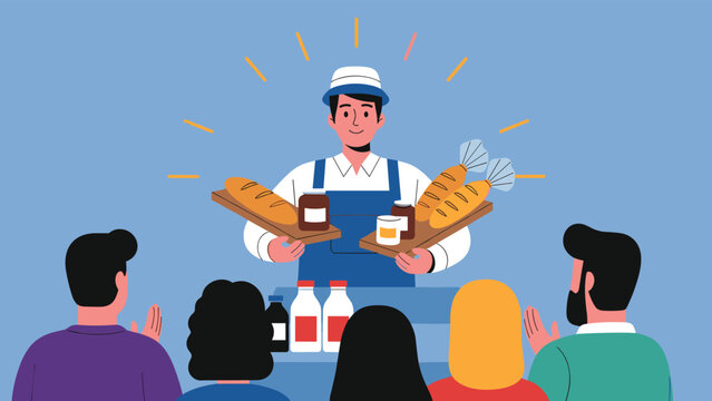 Professional baker presenting fresh products like bread loaves and bottled dairy items to an appreciative audience in a local bakery setting.