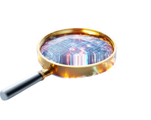 Magnifying Glass on Data World: A glistening magnifying glass peers into a vibrant digital landscape, symbolizing detailed investigation of complex data analysis. 