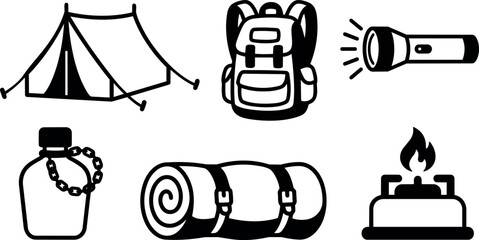 Line art camping gear icons top view set tent backpack flashlight sleeping bag stove canteen rolled mat simple black white