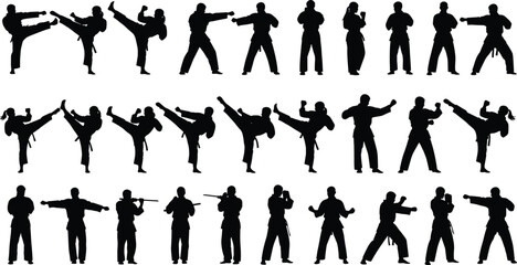 Martial arts fighter silhouettes collection performing karate kicks, punches and combat stances isolated vector set for self defense sport training design © Mst