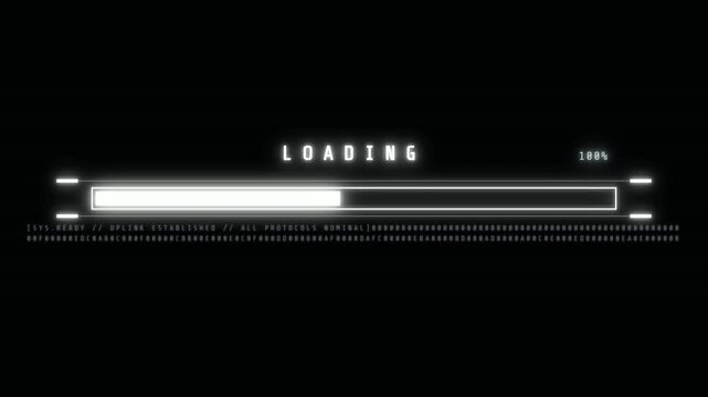 Futuristic Digital Loading Bar Animation with Glitching Text Data Stream and System Ready Status Indicator Glow Effect