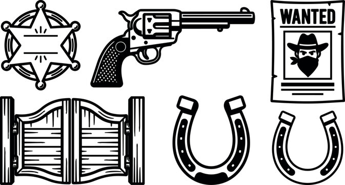 Line art western icon set sheriff badge revolver wanted poster saloon doors horseshoes isolated vector pack black white bold outline